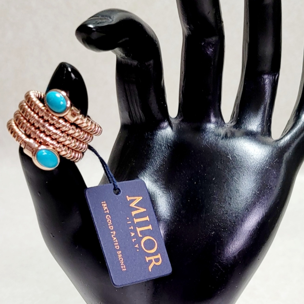NWT MILOR ITALY 18KT BRONZE PLATED COIL RING WITH FAUX TURQUOISE ACCENTS